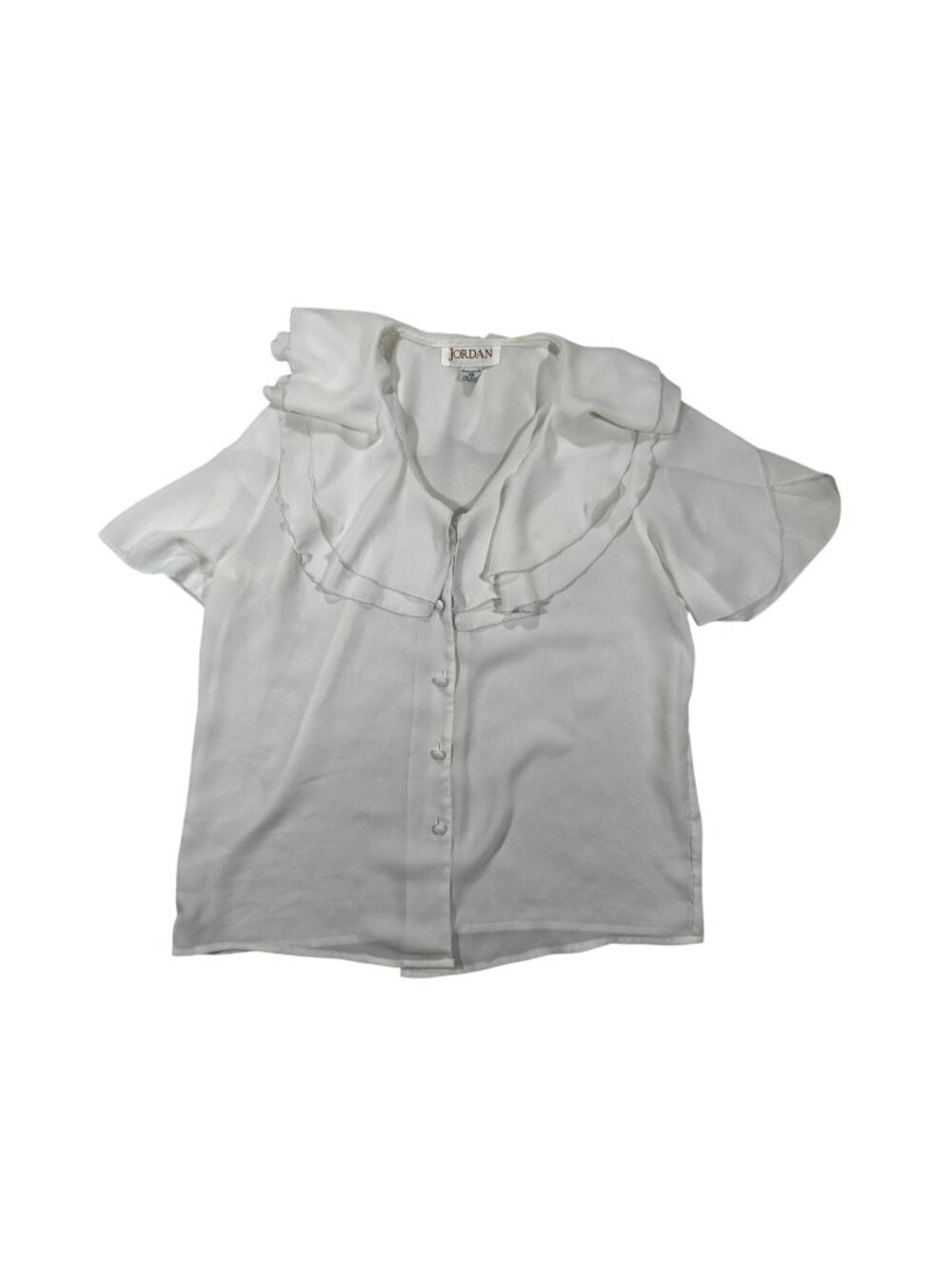 Jordan Womens White Ruffled Button-Up Blouse Size 14 Lightweight Short Sleeve